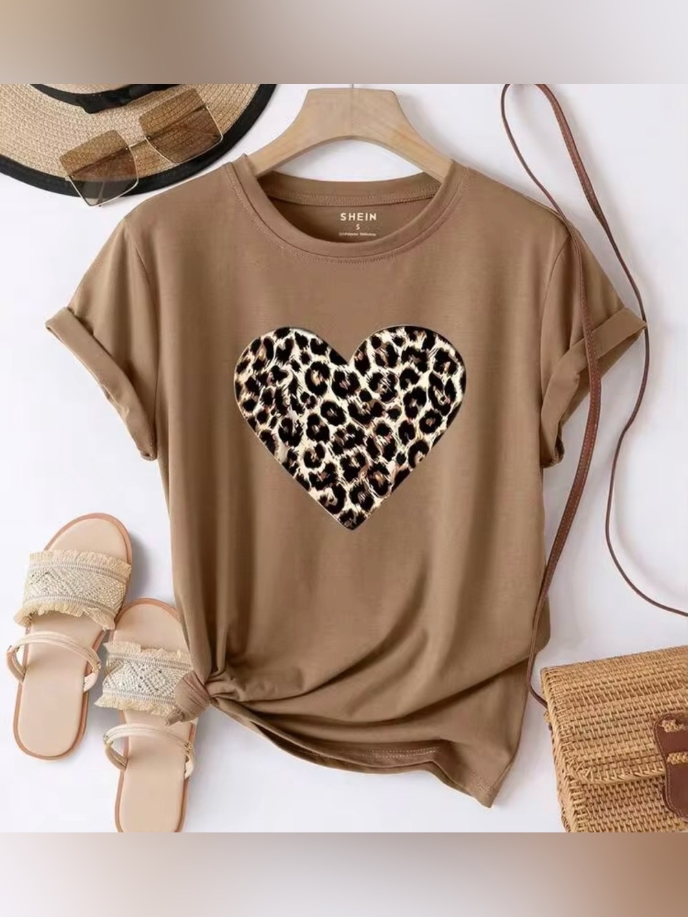 SHEIN Brown Tee with Leopard Heart Graphic NWT